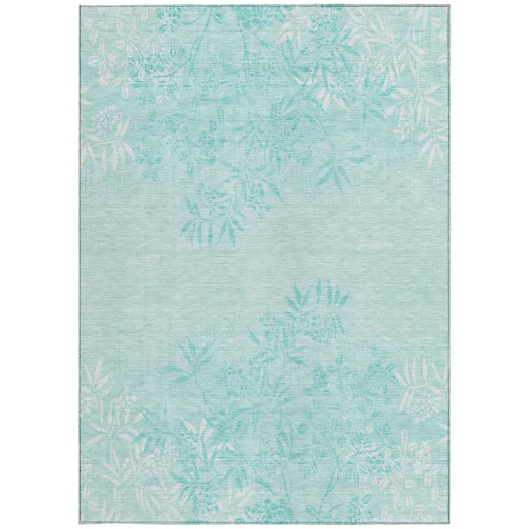 8' X 10' Teal Blue Aqua And Ivory Floral Washable Indoor Outdoor Area Rug