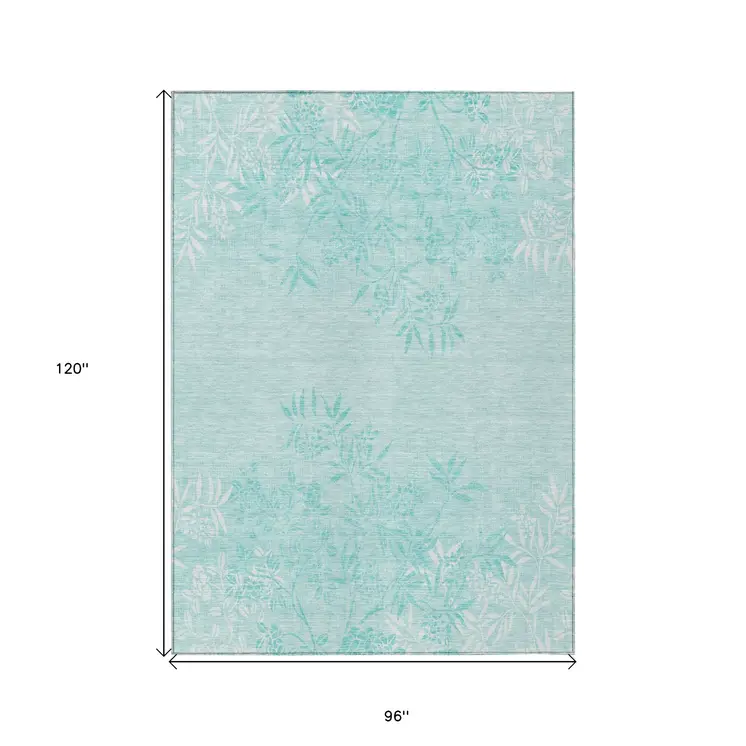 8' X 10' Teal Blue Aqua And Ivory Floral Washable Indoor Outdoor Area Rug