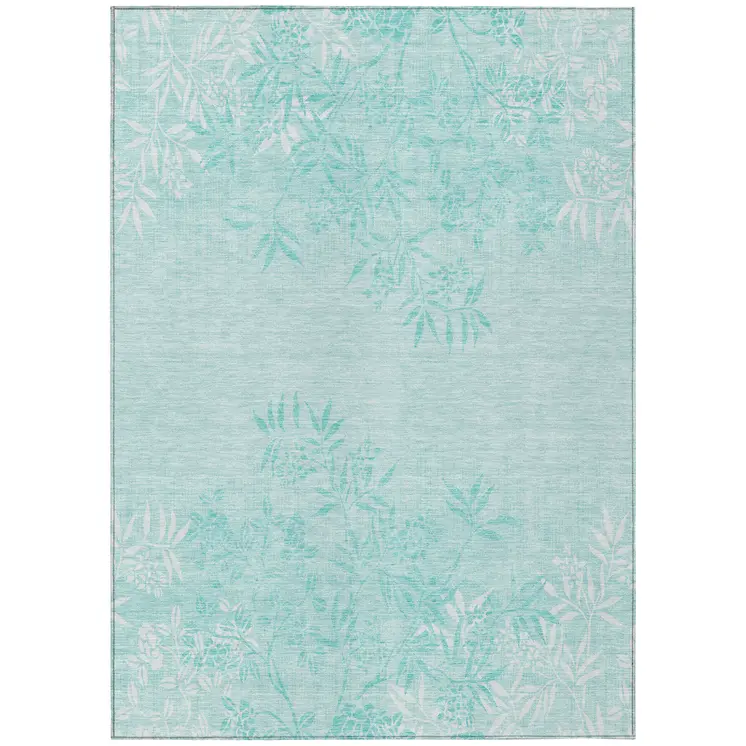 8' X 10' Teal Blue Aqua And Ivory Floral Washable Indoor Outdoor Area Rug