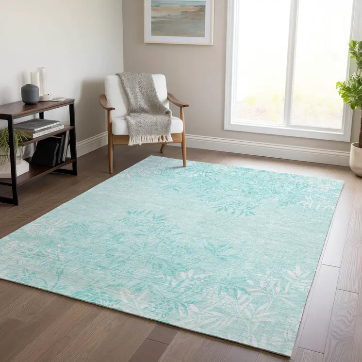 8' X 10' Teal Blue Aqua And Ivory Floral Washable Indoor Outdoor Area Rug