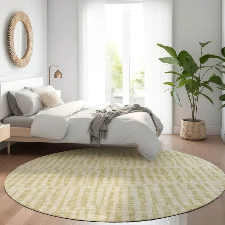 8' Beige And Tan Round Striped Washable Indoor Outdoor Area Rug