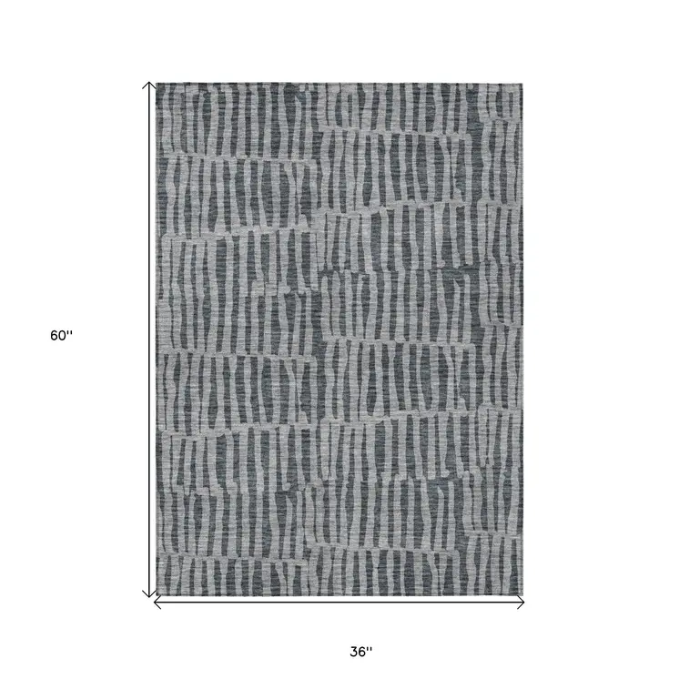 3' X 5' Charcoal And Gray Striped Washable Indoor Outdoor Area Rug