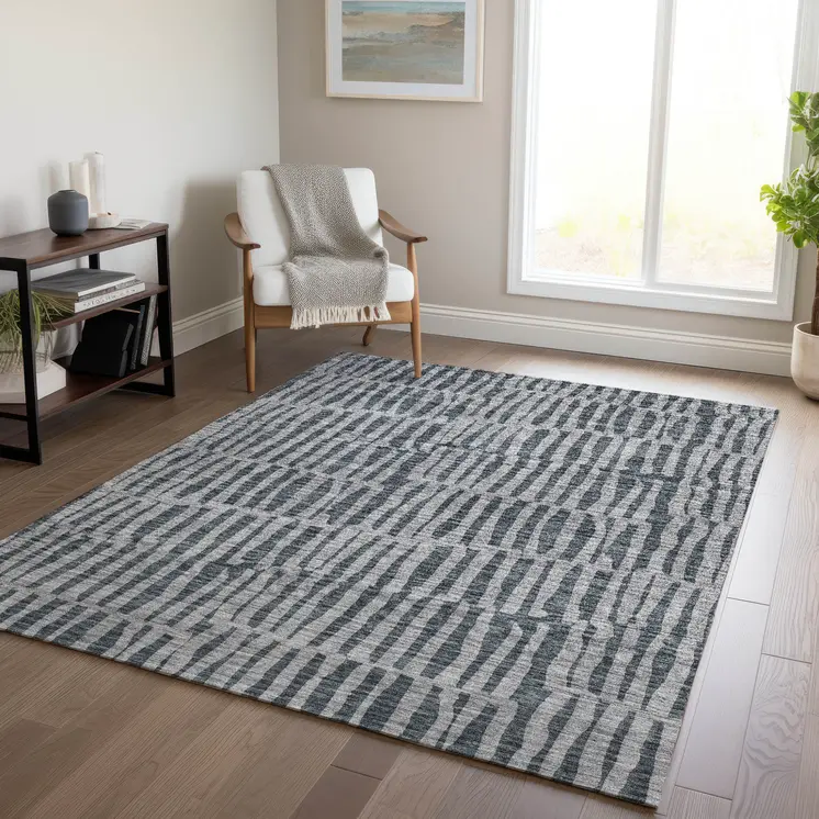 5' X 8' Charcoal And Gray Striped Washable Indoor Outdoor Area Rug