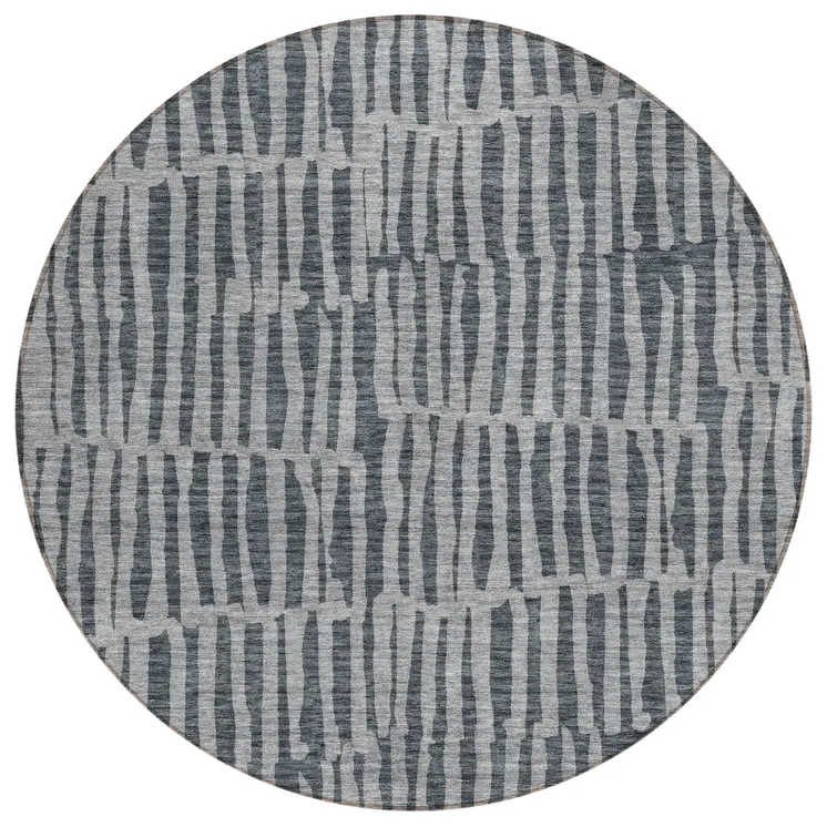 8' Charcoal And Gray Round Striped Washable Indoor Outdoor Area Rug