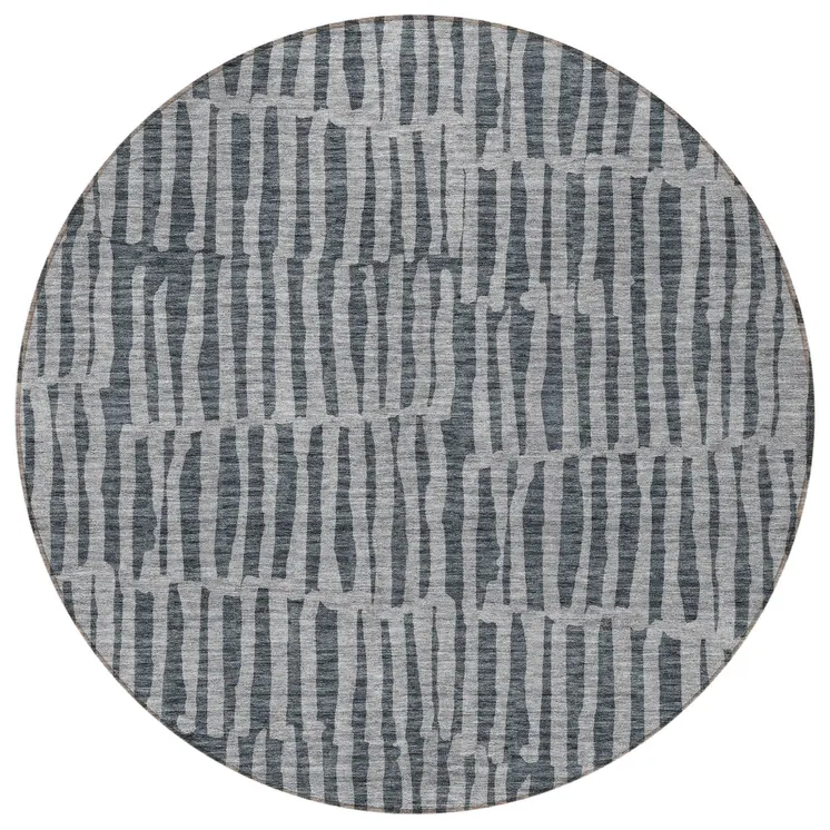 8' Charcoal And Gray Round Striped Washable Indoor Outdoor Area Rug