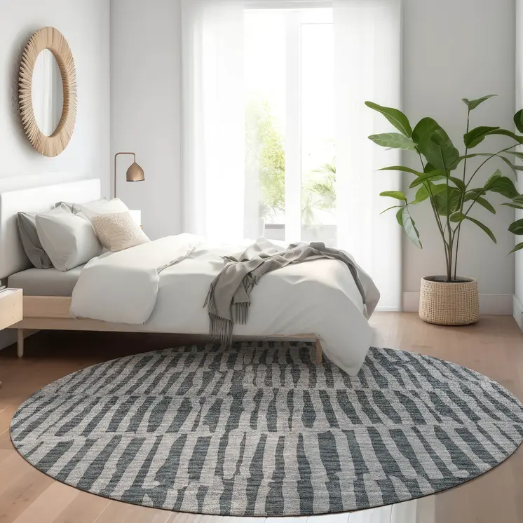 8' Charcoal And Gray Round Striped Washable Indoor Outdoor Area Rug