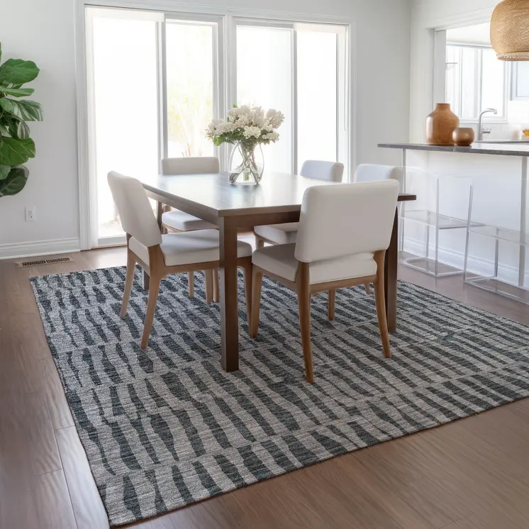 9' X 12' Charcoal And Gray Striped Washable Indoor Outdoor Area Rug