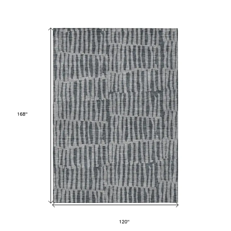 10' X 14' Charcoal And Gray Striped Washable Indoor Outdoor Area Rug