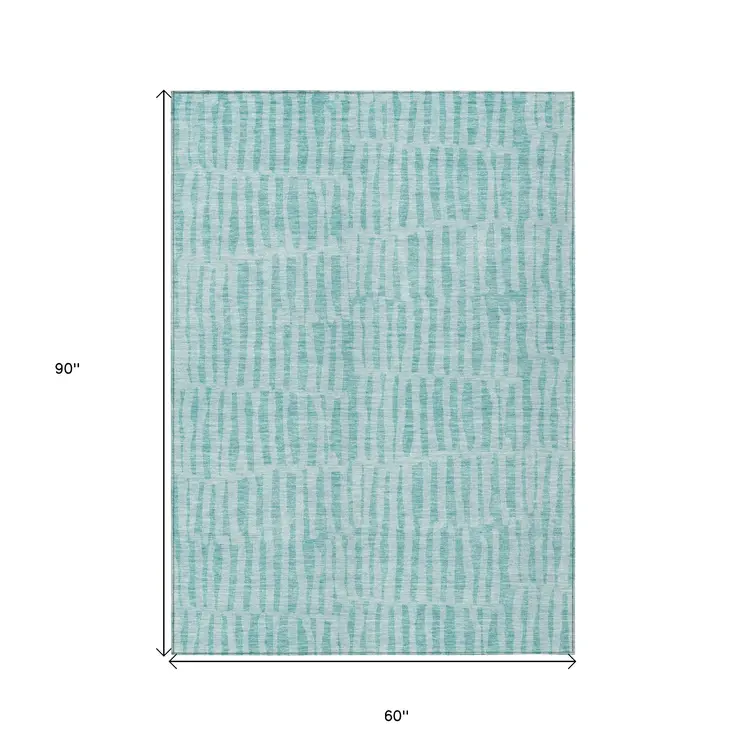 5' X 8' Teal Blue And Aqua Striped Washable Indoor Outdoor Area Rug