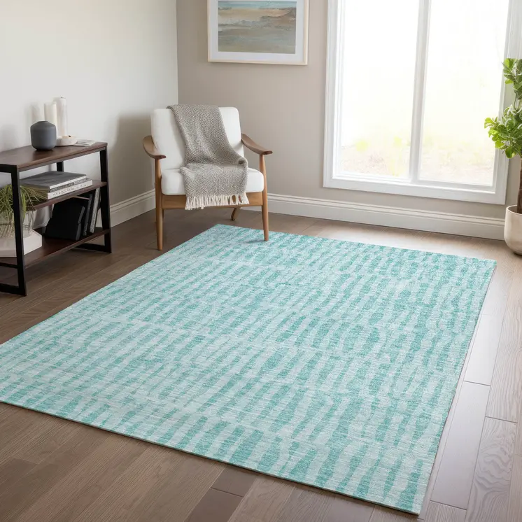 5' X 8' Teal Blue And Aqua Striped Washable Indoor Outdoor Area Rug