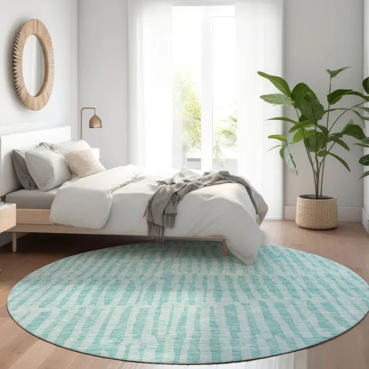 8' Teal Blue And Aqua Round Striped Washable Indoor Outdoor Area Rug