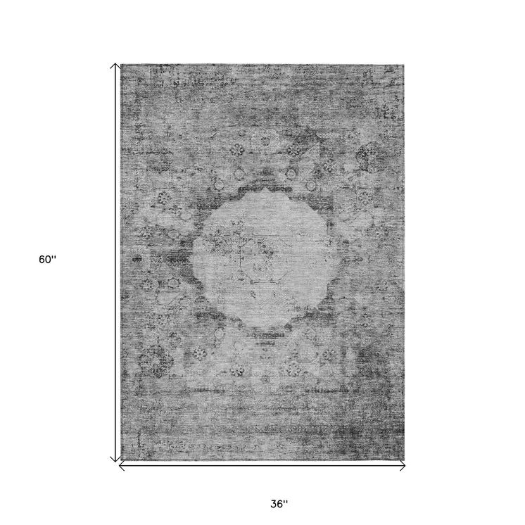 3' X 5' Gray Charcoal And Silver Oriental Washable Indoor Outdoor Area Rug