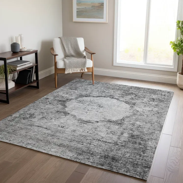 3' X 5' Gray Charcoal And Silver Oriental Washable Indoor Outdoor Area Rug