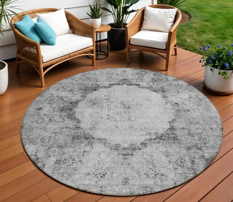 8' Gray Charcoal And Silver Round Oriental Washable Indoor Outdoor Area Rug