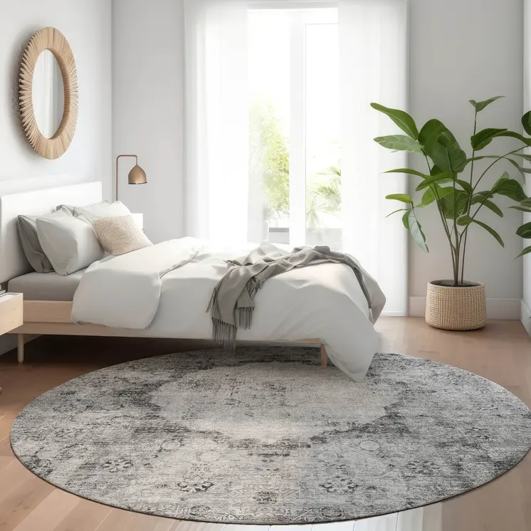 8' Gray Charcoal And Silver Round Oriental Washable Indoor Outdoor Area Rug