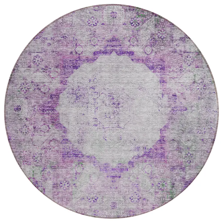 8' Purple Lavender And Gray Round Oriental Washable Indoor Outdoor Area Rug