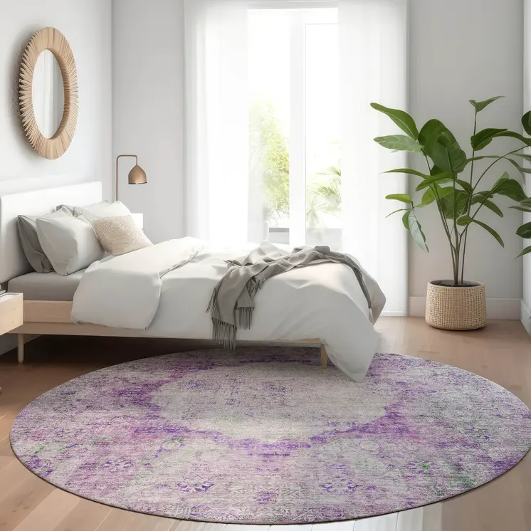8' Purple Lavender And Gray Round Oriental Washable Indoor Outdoor Area Rug