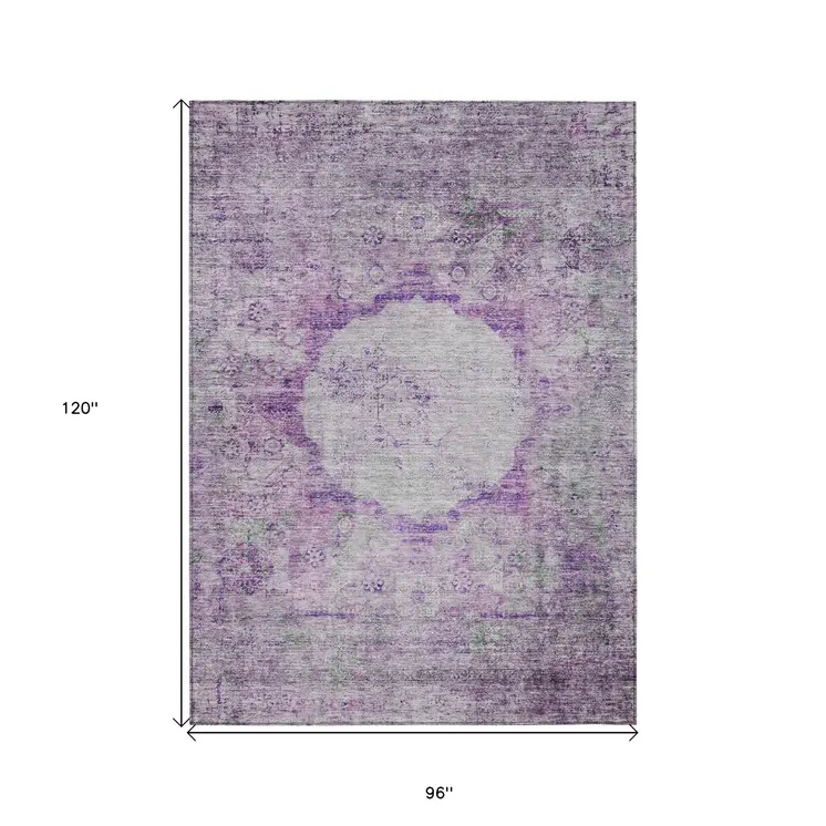 8' X 10' Purple Lavender And Gray Oriental Washable Indoor Outdoor Area Rug