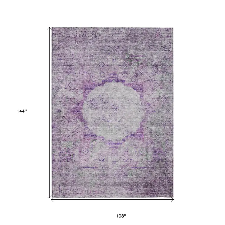 9' X 12' Purple Lavender And Gray Oriental Washable Indoor Outdoor Area Rug