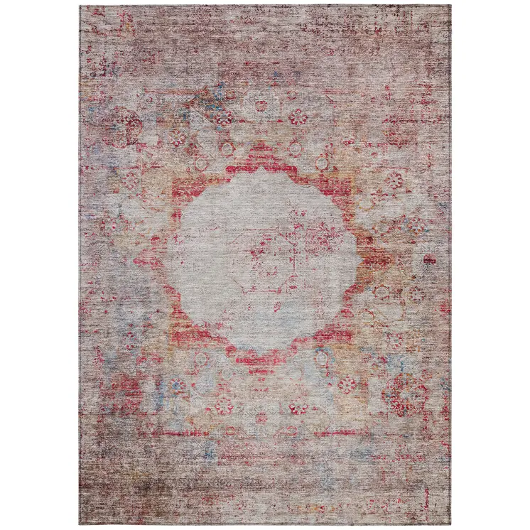 5' X 8' Red Gray And Blue Oriental Washable Indoor Outdoor Area Rug