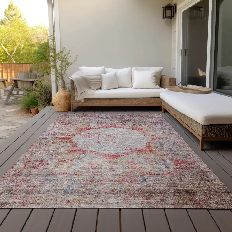 5' X 8' Red Gray And Blue Oriental Washable Indoor Outdoor Area Rug