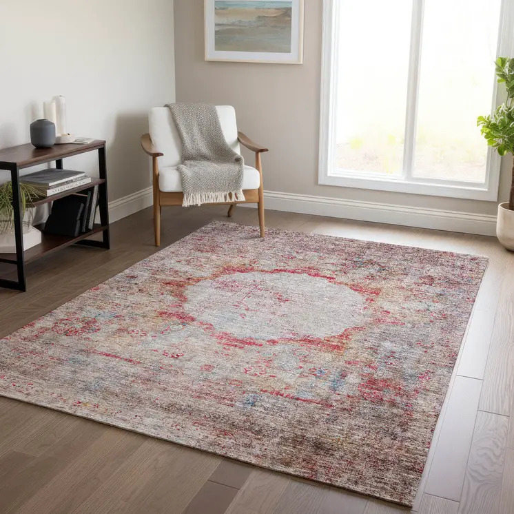 5' X 8' Red Gray And Blue Oriental Washable Indoor Outdoor Area Rug