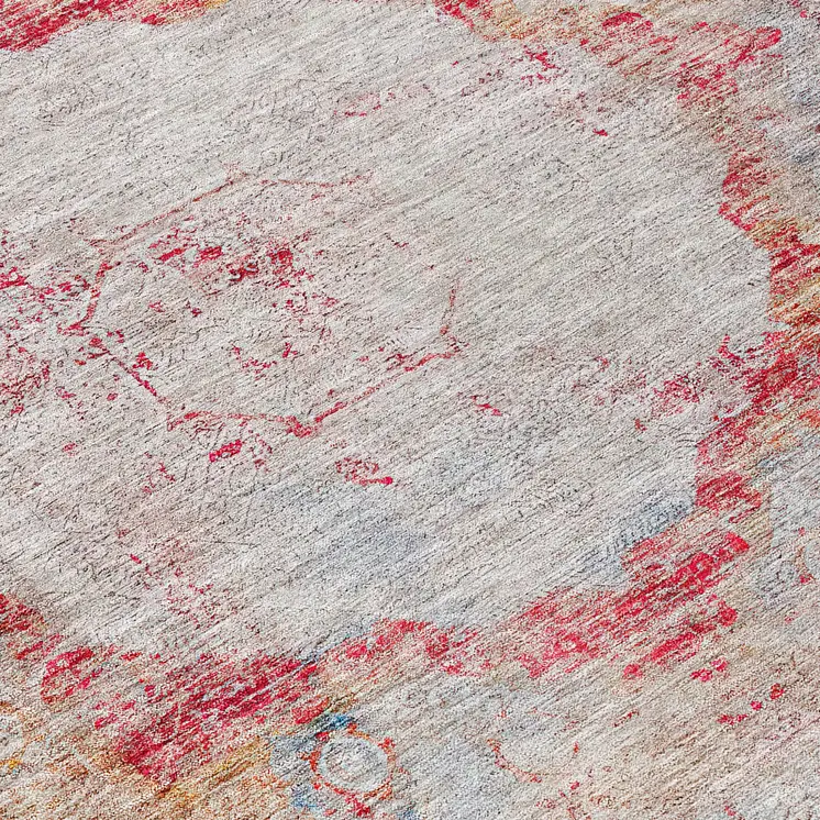 8' Red Gray And Blue Round Oriental Washable Indoor Outdoor Area Rug