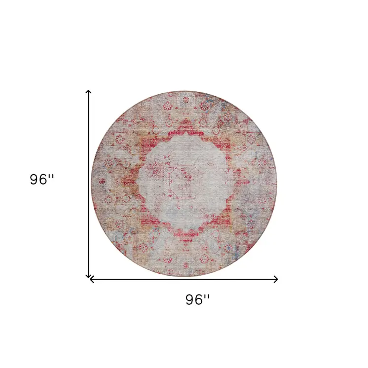 8' Red Gray And Blue Round Oriental Washable Indoor Outdoor Area Rug