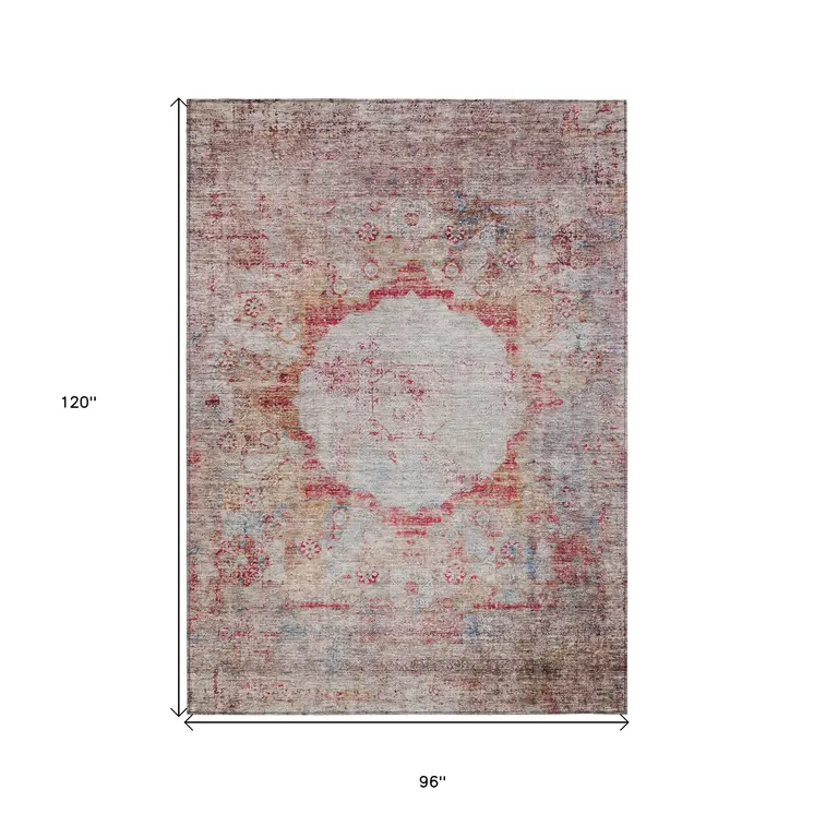 8' X 10' Red Gray And Blue Oriental Washable Indoor Outdoor Area Rug