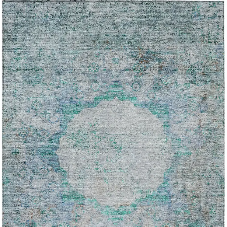 3' X 5' Teal Blue Aqua And Gray Oriental Washable Indoor Outdoor Area Rug