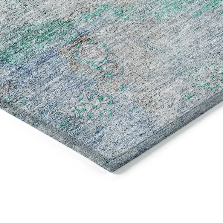 5' X 8' Teal Blue Aqua And Gray Oriental Washable Indoor Outdoor Area Rug