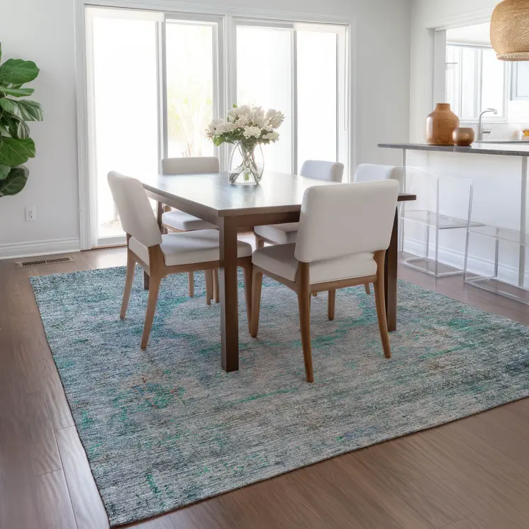 5' X 8' Teal Blue Aqua And Gray Oriental Washable Indoor Outdoor Area Rug