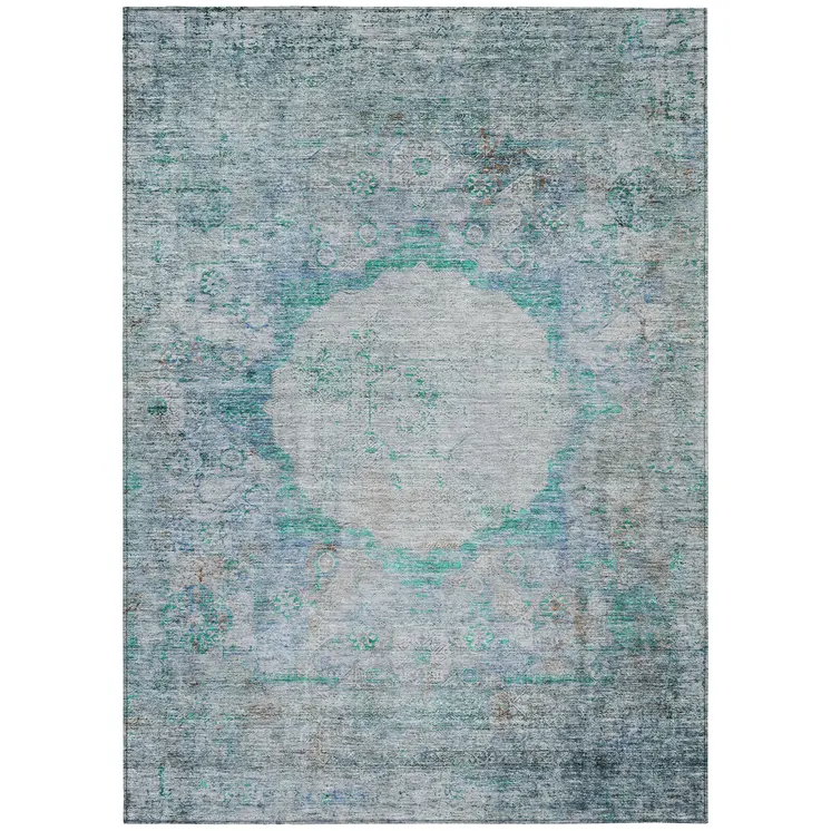 8' X 10' Teal Blue Aqua And Gray Oriental Washable Indoor Outdoor Area Rug