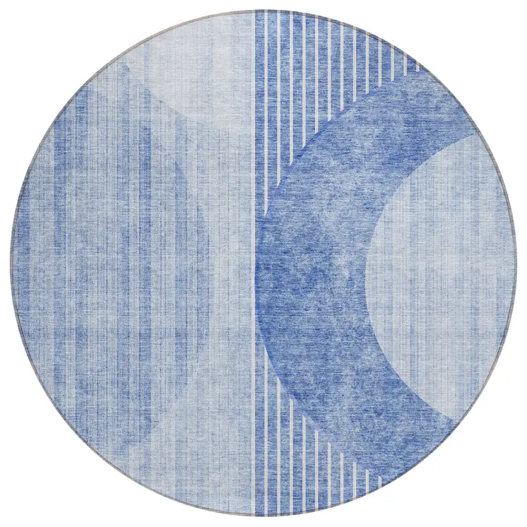 8' Denim Blue And Sky Blue Round Geometric Washable Indoor Outdoor Area Rug