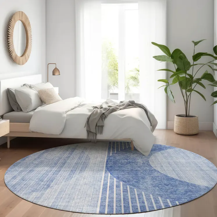 8' Denim Blue And Sky Blue Round Geometric Washable Indoor Outdoor Area Rug