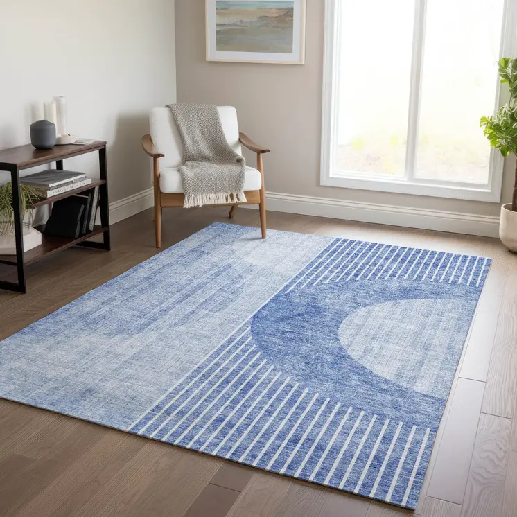 9' X 12' Denim Blue And Sky Blue Geometric Washable Indoor Outdoor Area Rug