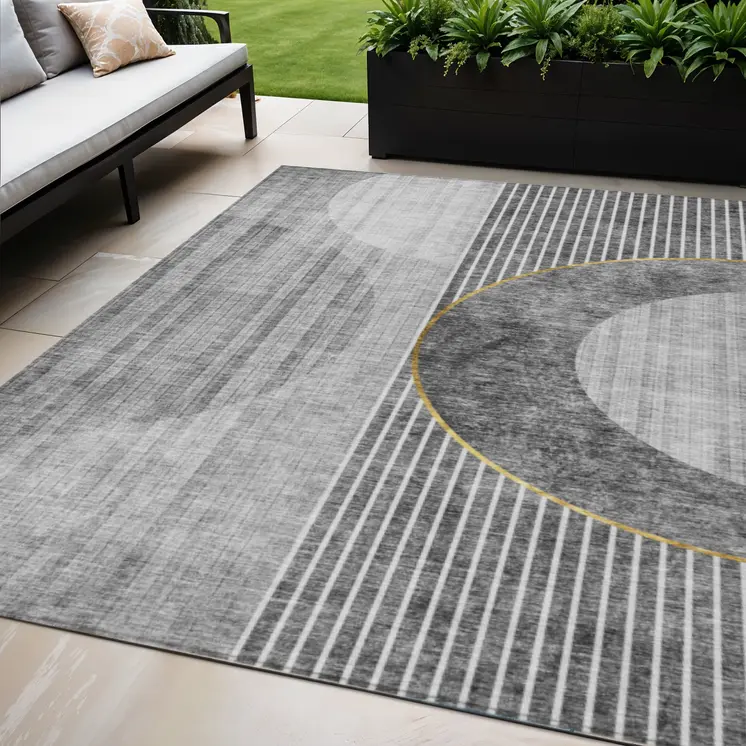 5' X 8' Charcoal Gray And Silver Geometric Washable Indoor Outdoor Area Rug