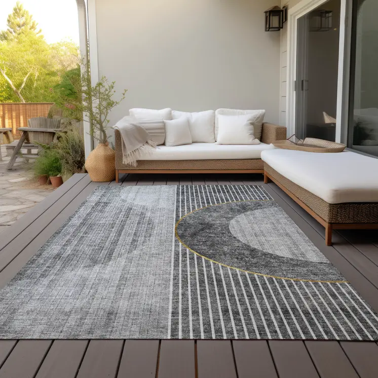 5' X 8' Charcoal Gray And Silver Geometric Washable Indoor Outdoor Area Rug