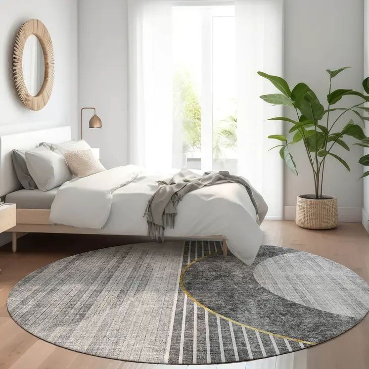 8' Charcoal Gray And Silver Round Geometric Washable Indoor Outdoor Area Rug