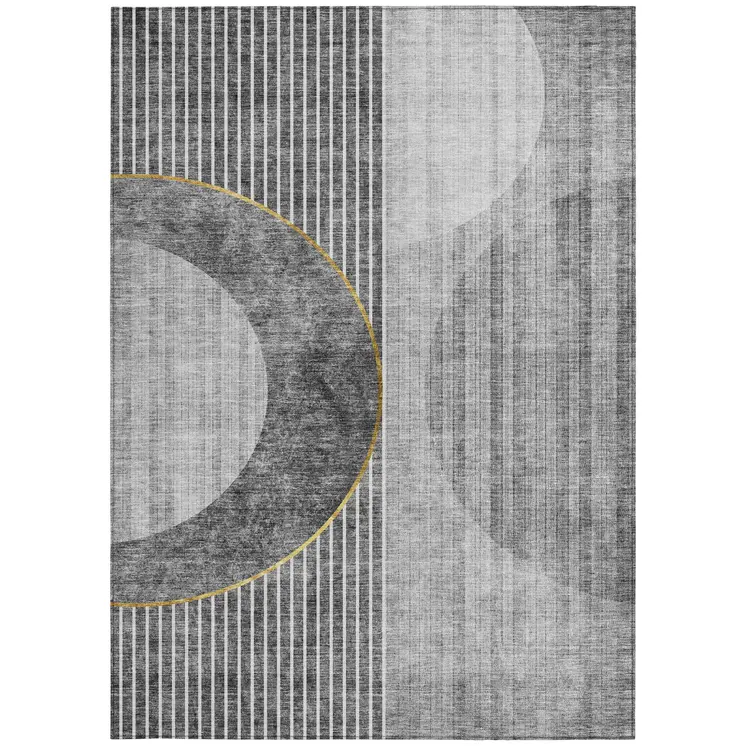 9' X 12' Charcoal Gray And Silver Geometric Washable Indoor Outdoor Area Rug