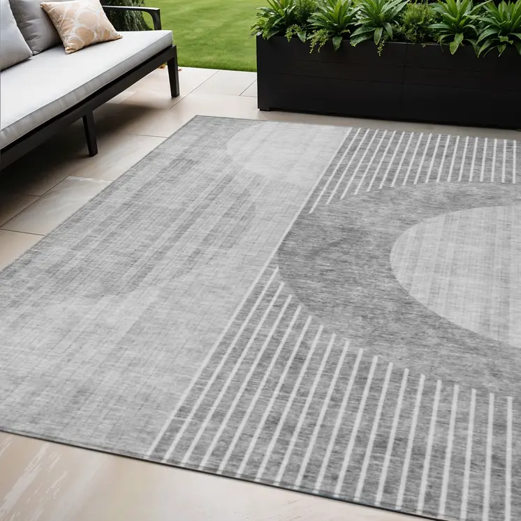 5' X 8' Gray Silver And Charcoal Geometric Washable Indoor Outdoor Area Rug