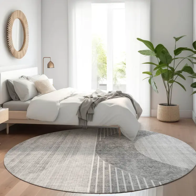 8' Gray Silver And Charcoal Round Geometric Washable Indoor Outdoor Area Rug