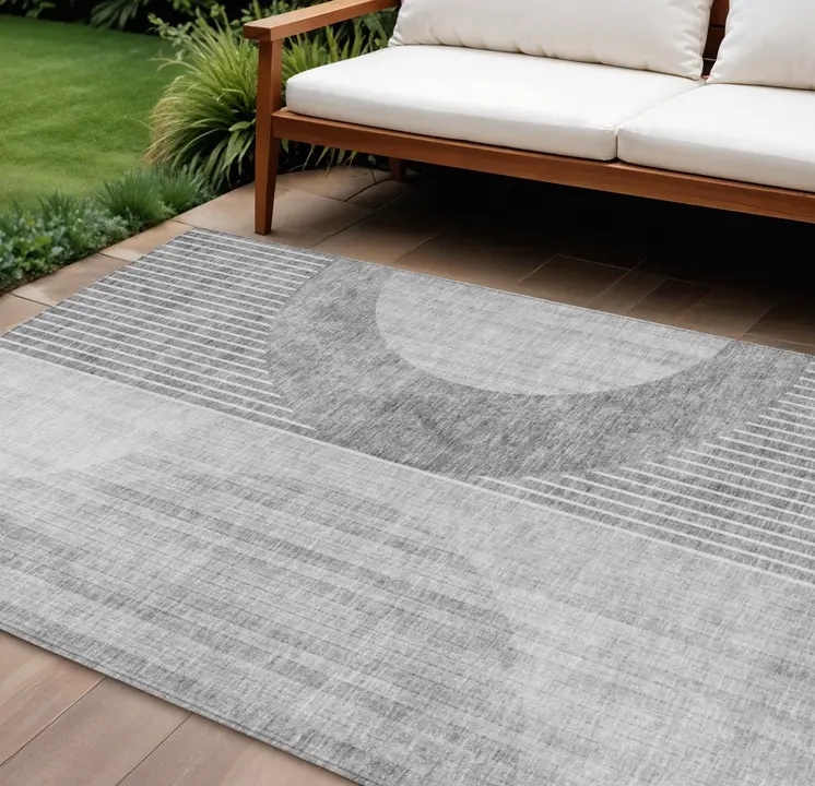 8' X 10' Gray Silver And Charcoal Geometric Washable Indoor Outdoor Area Rug