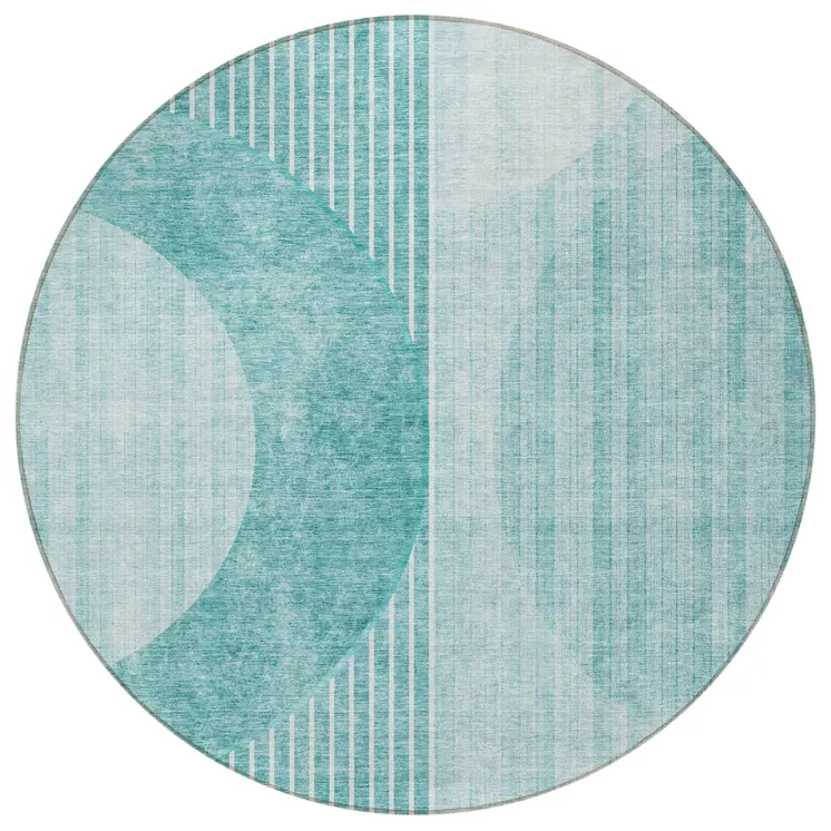 8' Teal Blue And Aqua Round Geometric Washable Indoor Outdoor Area Rug