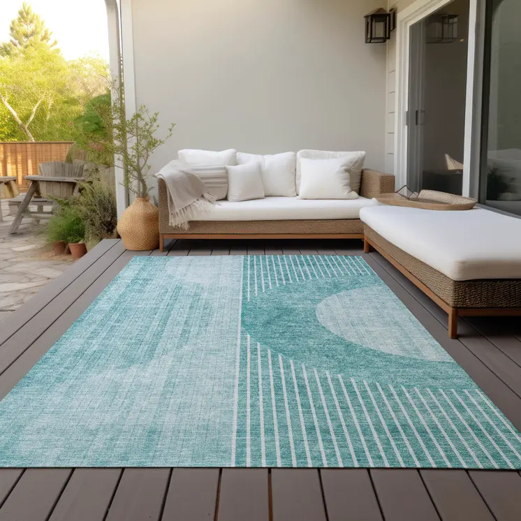 8' X 10' Teal Blue And Aqua Geometric Washable Indoor Outdoor Area Rug
