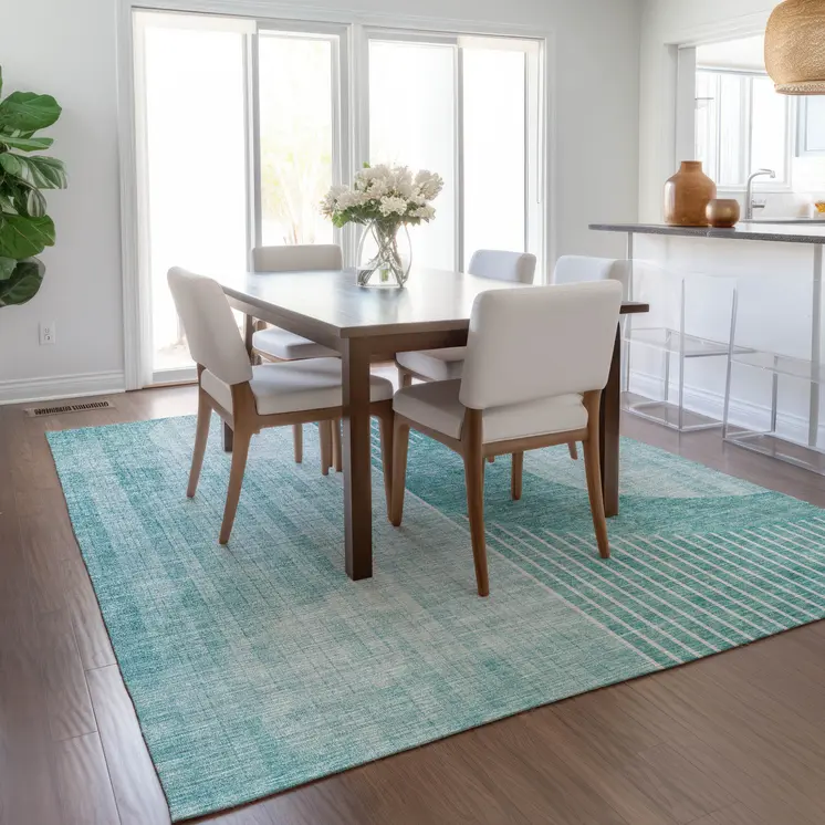 10' X 14' Teal Blue And Aqua Geometric Washable Indoor Outdoor Area Rug