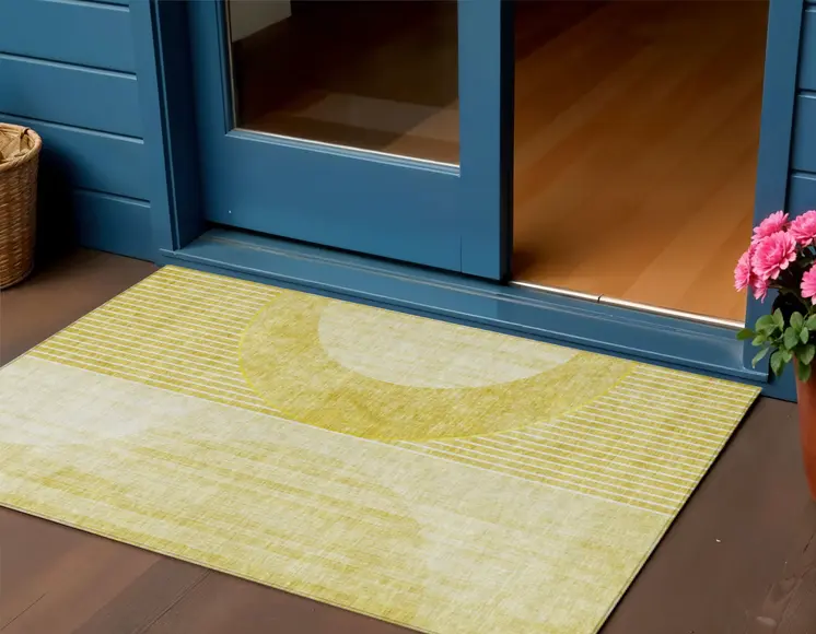 3' X 5' Wheat Gold And Ivory Geometric Washable Indoor Outdoor Area Rug