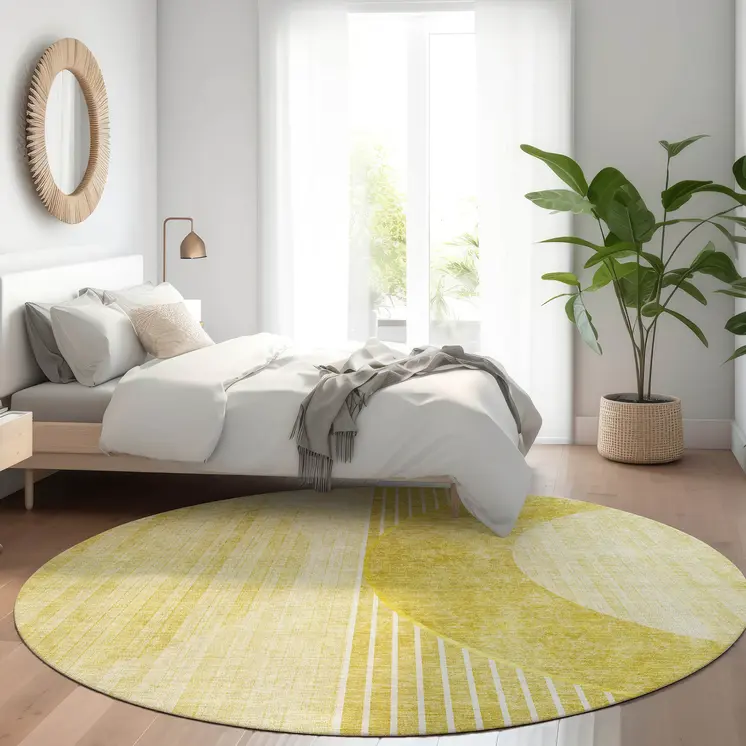 8' Wheat Gold And Ivory Round Geometric Washable Indoor Outdoor Area Rug