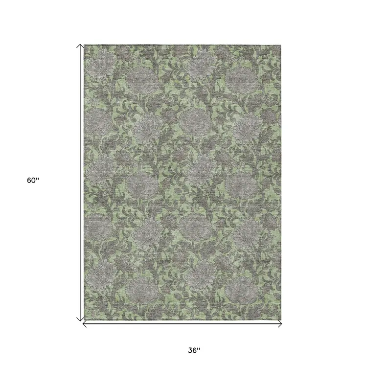 3' X 5' Artichoke Green Gray And Taupe Floral Washable Indoor Outdoor Area Rug