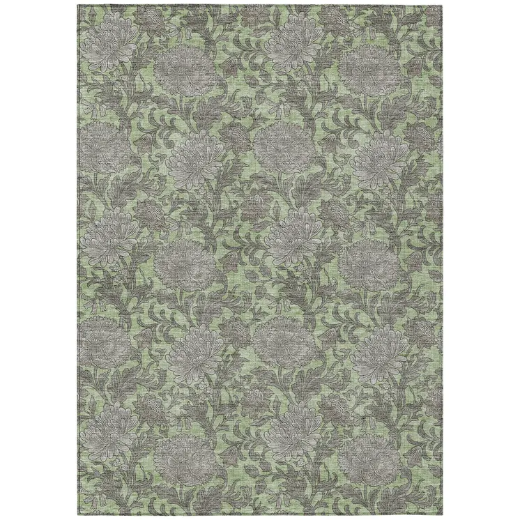 3' X 5' Artichoke Green Gray And Taupe Floral Washable Indoor Outdoor Area Rug